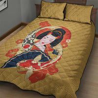 Japanese Geisha Koi Fish Quilt Bed Set Cherry Blossoms Yellow Seigaiha Pattern - Wonder Print Shop