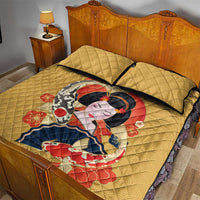 Japanese Geisha Koi Fish Quilt Bed Set Cherry Blossoms Yellow Seigaiha Pattern - Wonder Print Shop