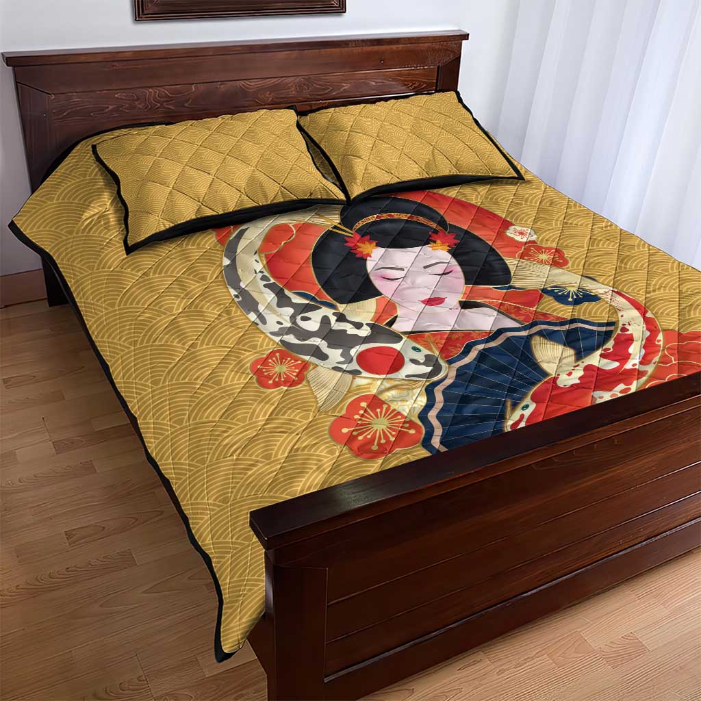 Japanese Geisha Koi Fish Quilt Bed Set Cherry Blossoms Yellow Seigaiha Pattern - Wonder Print Shop