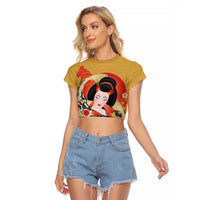 Japanese Geisha Koi Fish Raglan Cropped T Shirt Cherry Blossoms Yellow Seigaiha Pattern - Wonder Print Shop