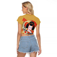 Japanese Geisha Koi Fish Raglan Cropped T Shirt Cherry Blossoms Yellow Seigaiha Pattern - Wonder Print Shop