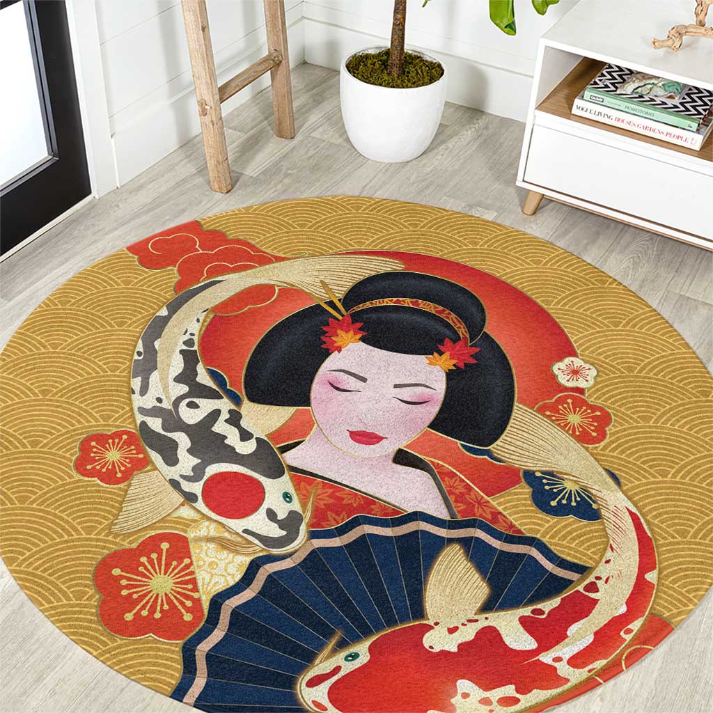 Japanese Geisha Koi Fish Round Carpet Cherry Blossoms Yellow Seigaiha Pattern - Wonder Print Shop