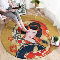 Japanese Geisha Koi Fish Round Carpet Cherry Blossoms Yellow Seigaiha Pattern - Wonder Print Shop
