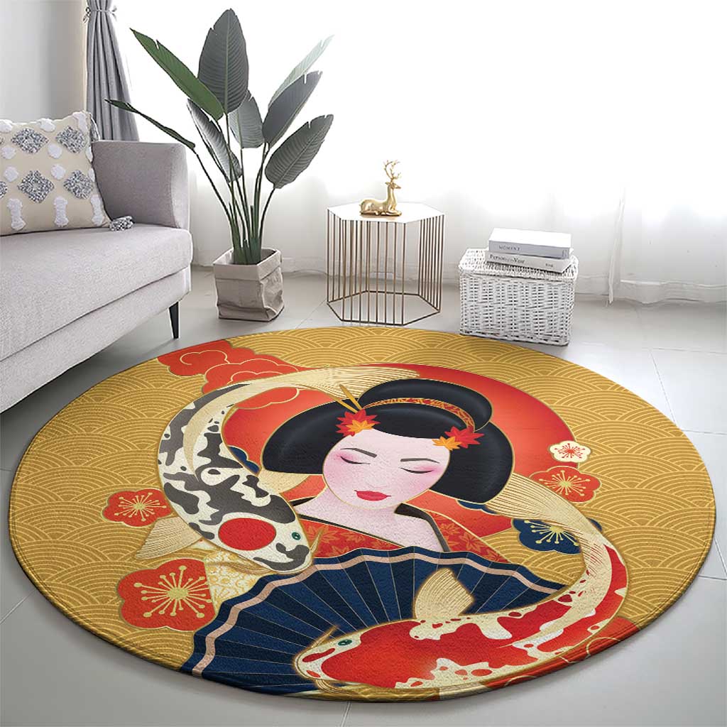 Japanese Geisha Koi Fish Round Carpet Cherry Blossoms Yellow Seigaiha Pattern - Wonder Print Shop
