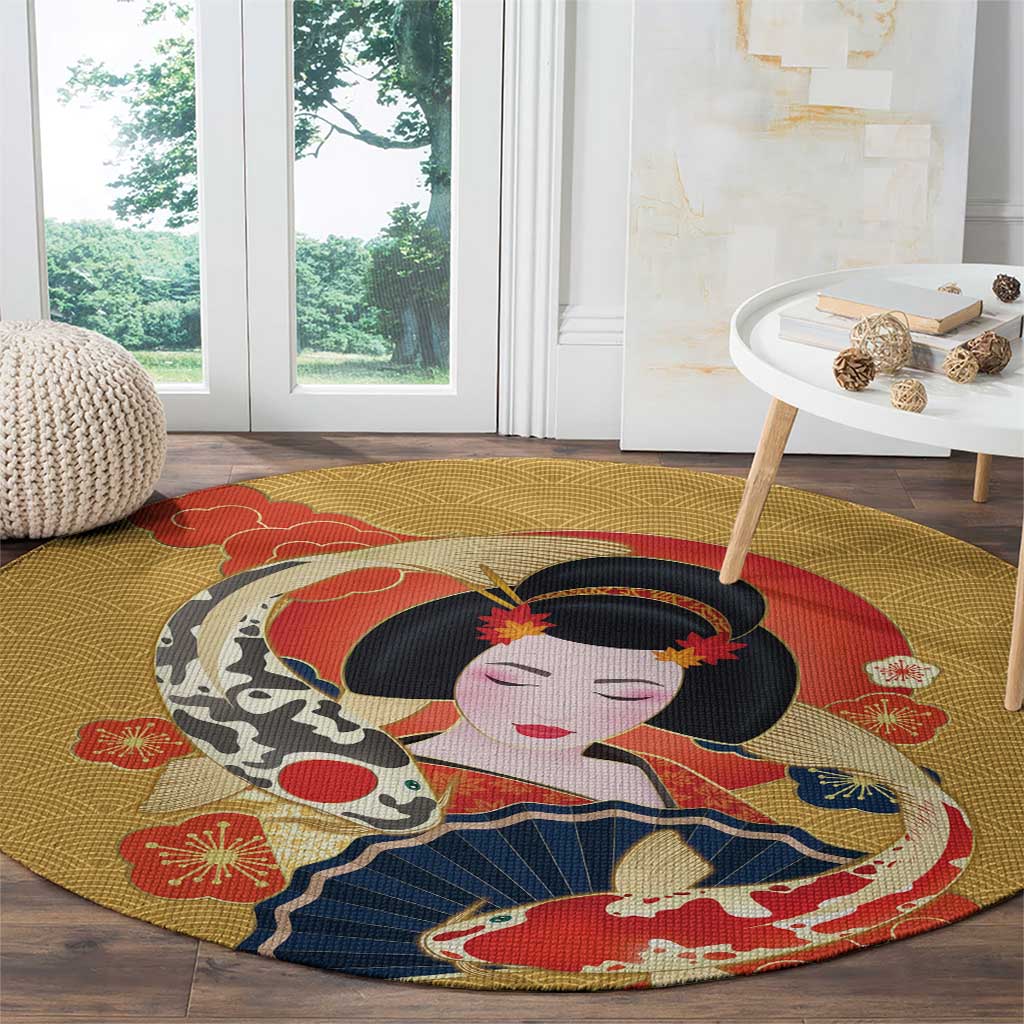 Japanese Geisha Koi Fish Round Carpet Cherry Blossoms Yellow Seigaiha Pattern - Wonder Print Shop