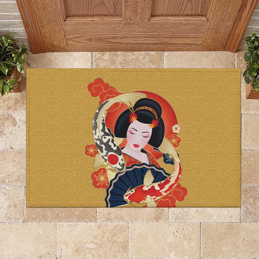 Japanese Geisha Koi Fish Rubber Doormat Cherry Blossoms Yellow Seigaiha Pattern - Wonder Print Shop