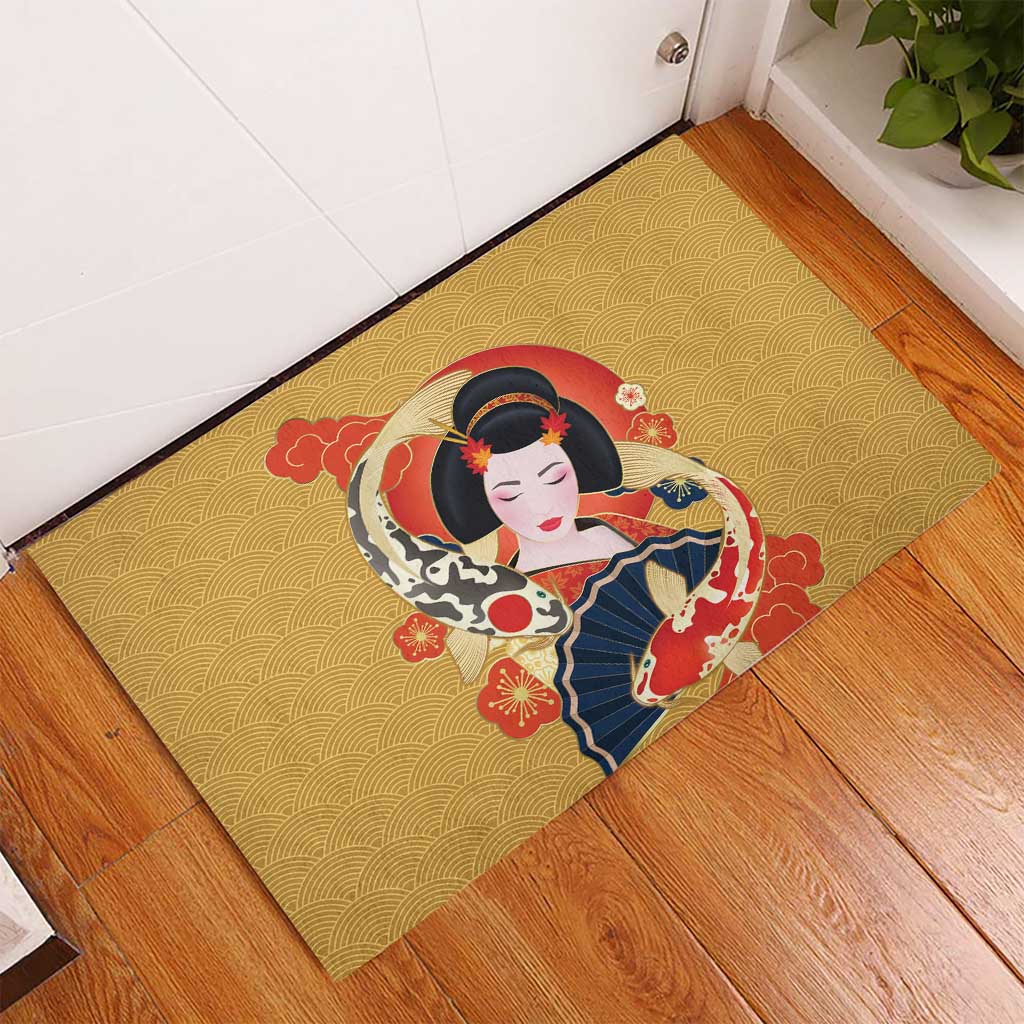 Japanese Geisha Koi Fish Rubber Doormat Cherry Blossoms Yellow Seigaiha Pattern - Wonder Print Shop