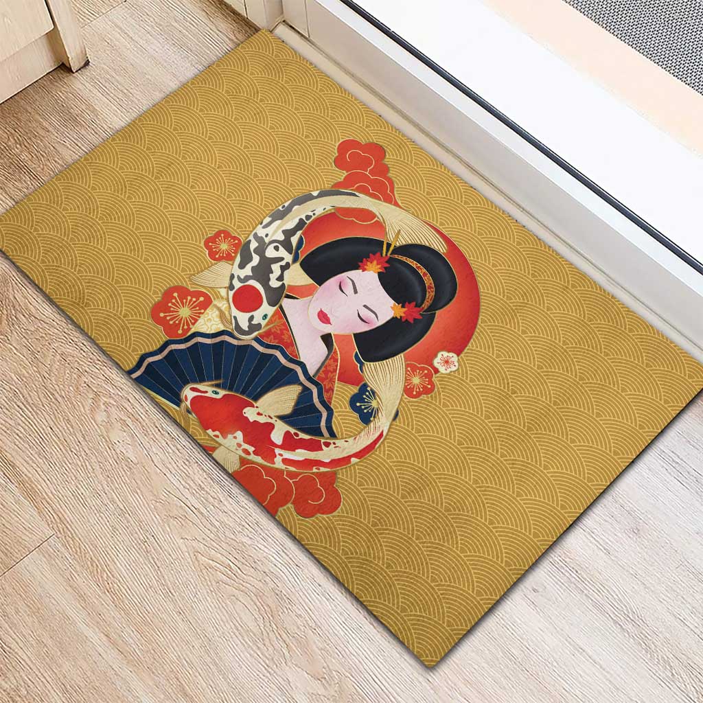 Japanese Geisha Koi Fish Rubber Doormat Cherry Blossoms Yellow Seigaiha Pattern - Wonder Print Shop