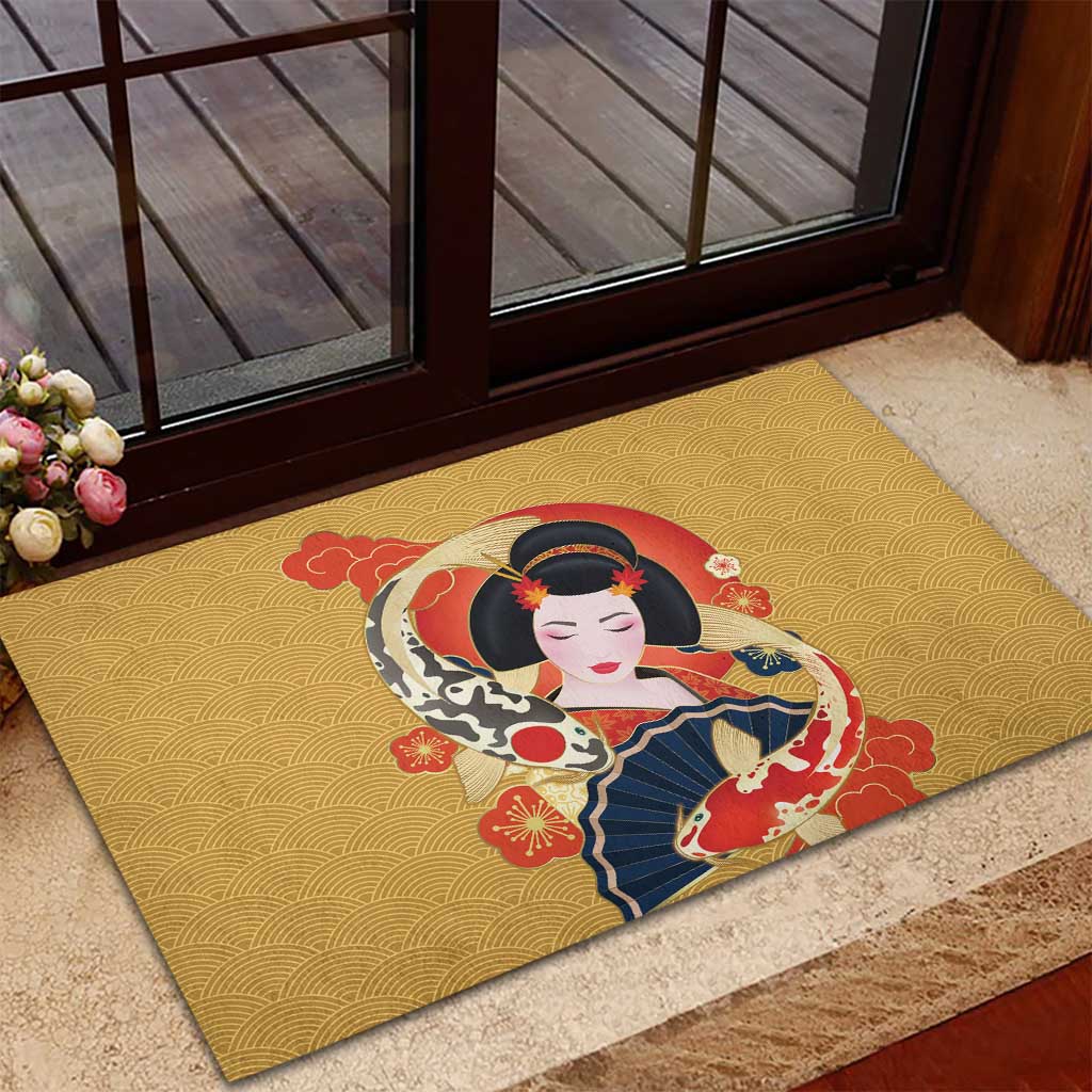 Japanese Geisha Koi Fish Rubber Doormat Cherry Blossoms Yellow Seigaiha Pattern - Wonder Print Shop