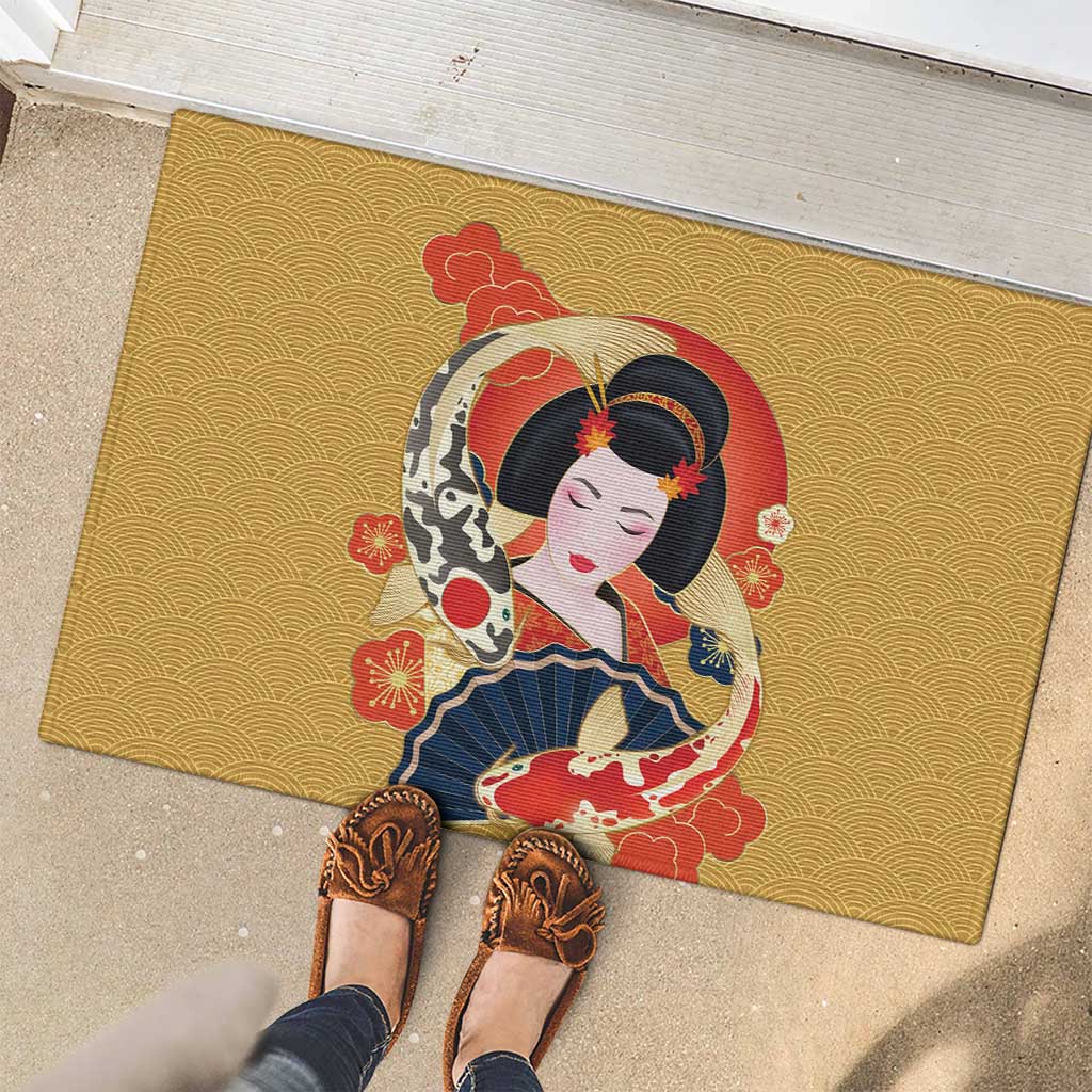 Japanese Geisha Koi Fish Rubber Doormat Cherry Blossoms Yellow Seigaiha Pattern - Wonder Print Shop