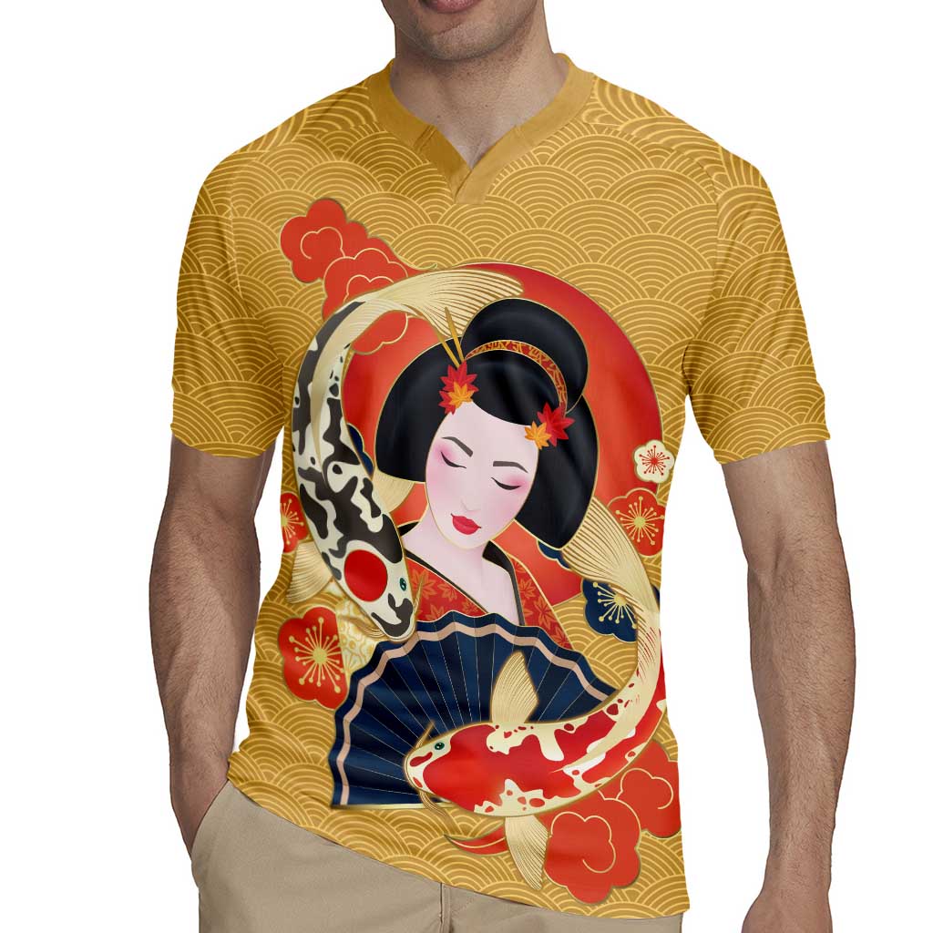 Japanese Geisha Koi Fish Rugby Jersey Cherry Blossoms Yellow Seigaiha Pattern - Wonder Print Shop