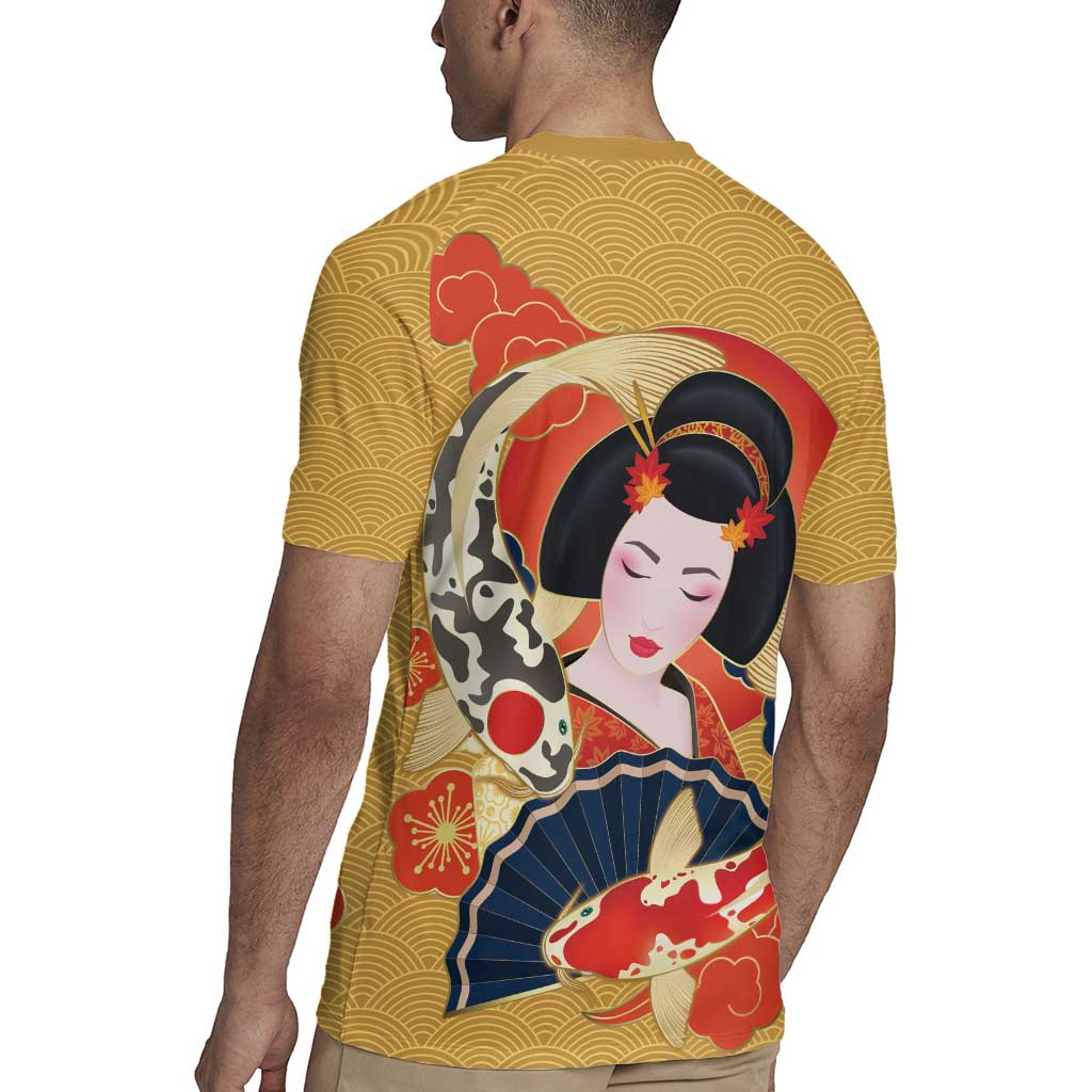Japanese Geisha Koi Fish Rugby Jersey Cherry Blossoms Yellow Seigaiha Pattern - Wonder Print Shop