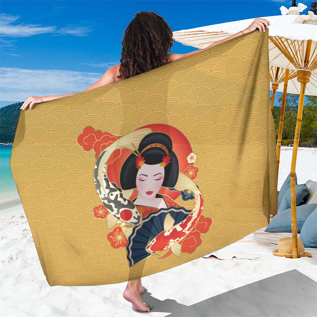 Japanese Geisha Koi Fish Sarong Cherry Blossoms Yellow Seigaiha Pattern - Wonder Print Shop
