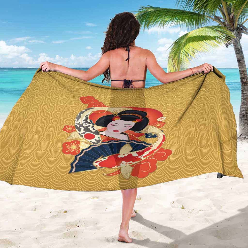 Japanese Geisha Koi Fish Sarong Cherry Blossoms Yellow Seigaiha Pattern - Wonder Print Shop