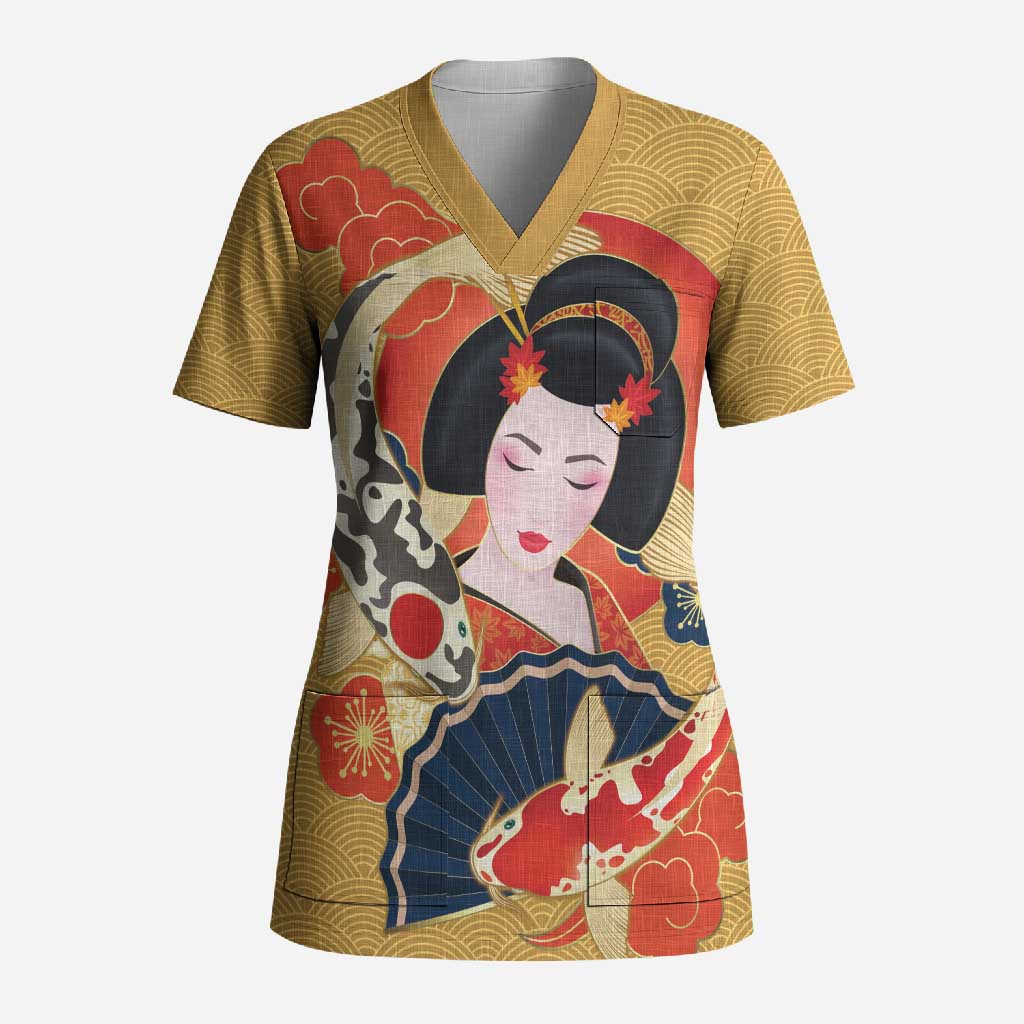 Japanese Geisha Koi Fish Scrub Top Cherry Blossoms Yellow Seigaiha Pattern - Wonder Print Shop