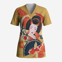 Japanese Geisha Koi Fish Scrub Top Cherry Blossoms Yellow Seigaiha Pattern - Wonder Print Shop