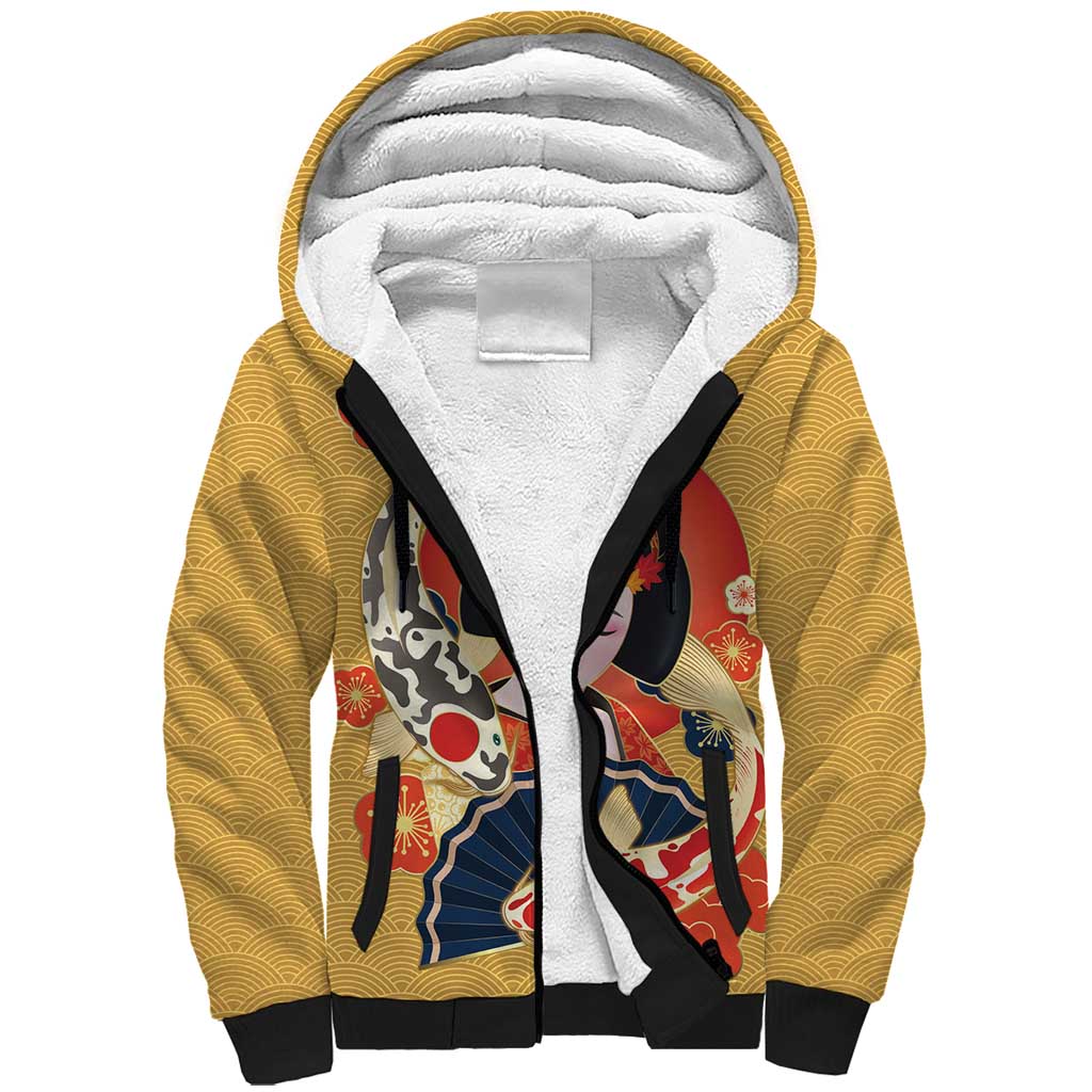Japanese Geisha Koi Fish Sherpa Hoodie Cherry Blossoms Yellow Seigaiha Pattern - Wonder Print Shop