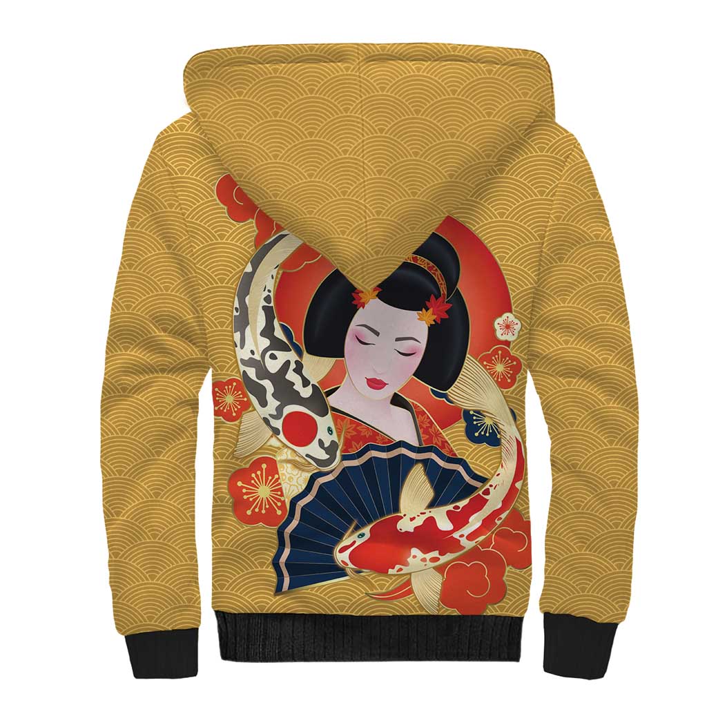 Japanese Geisha Koi Fish Sherpa Hoodie Cherry Blossoms Yellow Seigaiha Pattern - Wonder Print Shop