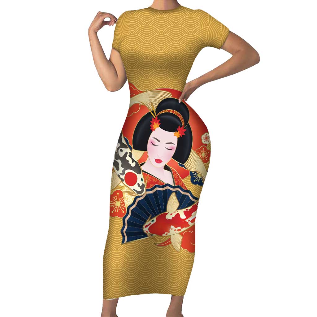 Japanese Geisha Koi Fish Short Sleeve Bodycon Dress Cherry Blossoms Yellow Seigaiha Pattern - Wonder Print Shop