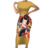 Japanese Geisha Koi Fish Short Sleeve Bodycon Dress Cherry Blossoms Yellow Seigaiha Pattern - Wonder Print Shop