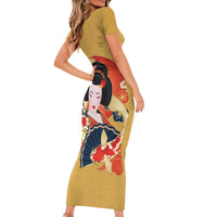 Japanese Geisha Koi Fish Short Sleeve Bodycon Dress Cherry Blossoms Yellow Seigaiha Pattern - Wonder Print Shop
