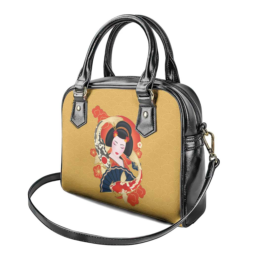 Japanese Geisha Koi Fish Shoulder Handbag Cherry Blossoms Yellow Seigaiha Pattern - Wonder Print Shop