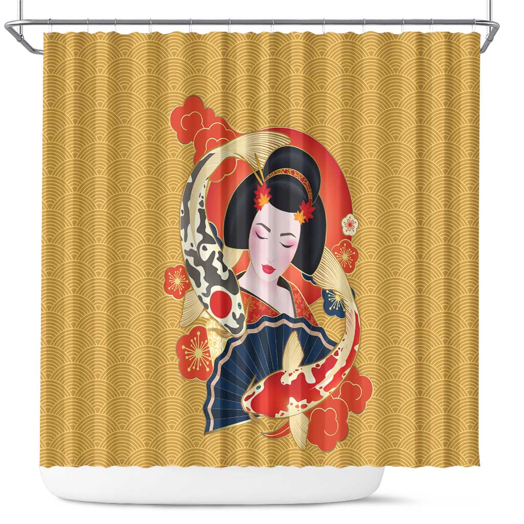 Japanese Geisha Koi Fish Shower Curtain Cherry Blossoms Yellow Seigaiha Pattern - Wonder Print Shop