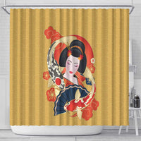 Japanese Geisha Koi Fish Shower Curtain Cherry Blossoms Yellow Seigaiha Pattern - Wonder Print Shop