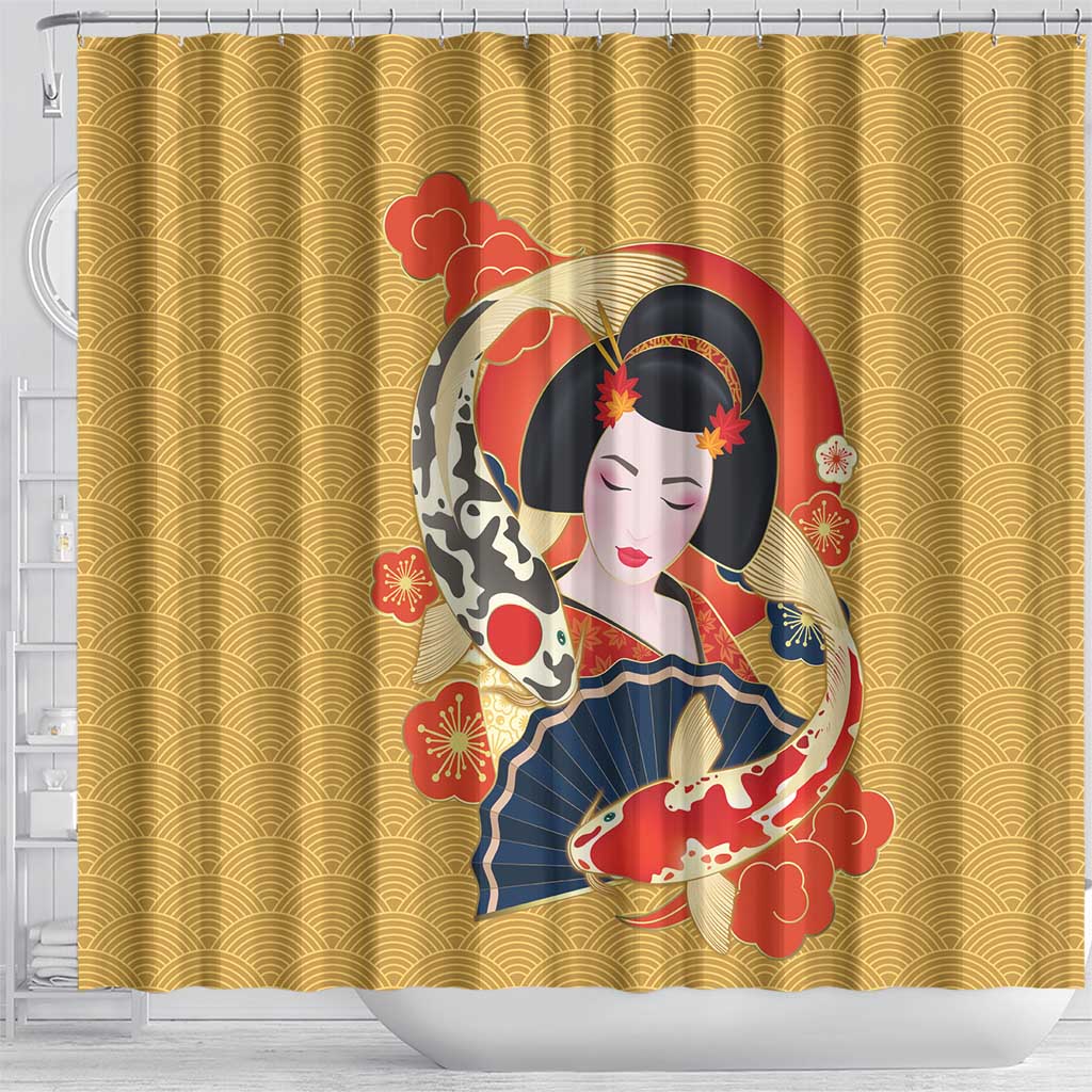 Japanese Geisha Koi Fish Shower Curtain Cherry Blossoms Yellow Seigaiha Pattern - Wonder Print Shop