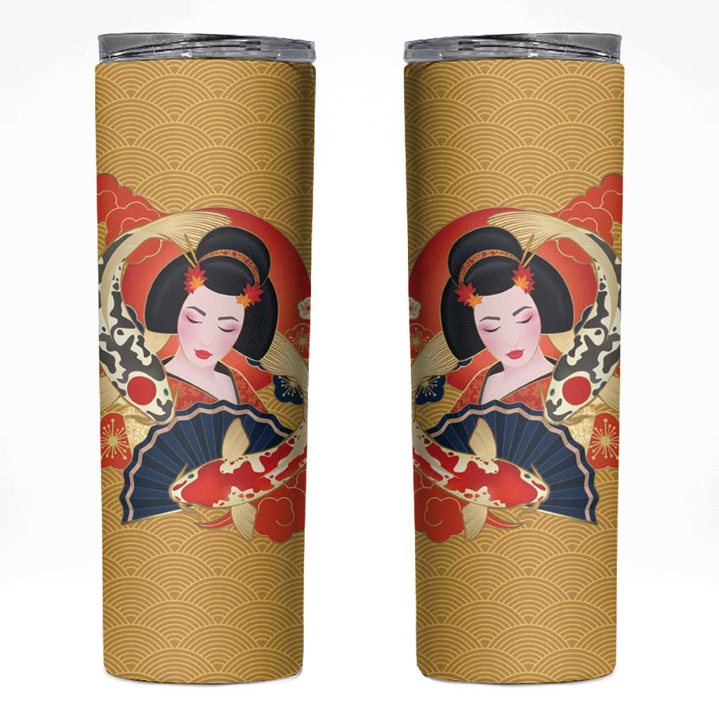 Japanese Geisha Koi Fish Skinny Tumbler Cherry Blossoms Yellow Seigaiha Pattern - Wonder Print Shop