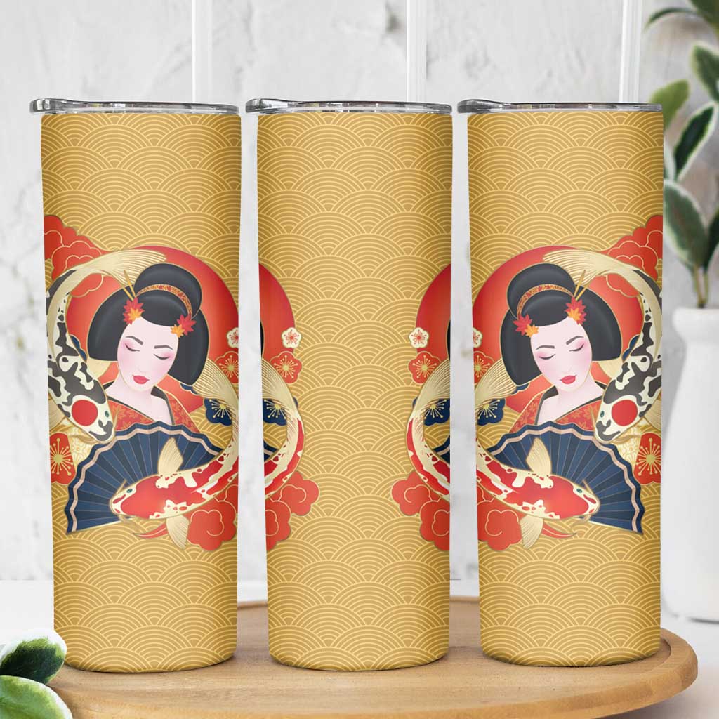 Japanese Geisha Koi Fish Skinny Tumbler Cherry Blossoms Yellow Seigaiha Pattern - Wonder Print Shop
