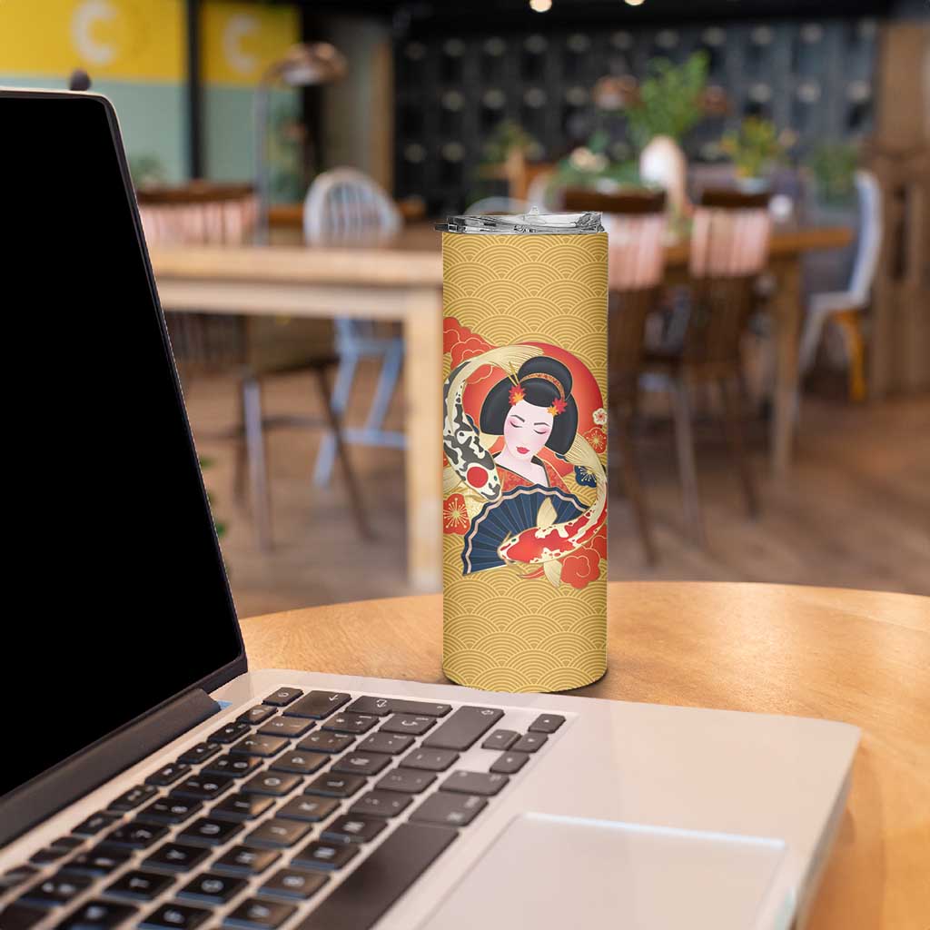 Japanese Geisha Koi Fish Skinny Tumbler Cherry Blossoms Yellow Seigaiha Pattern - Wonder Print Shop