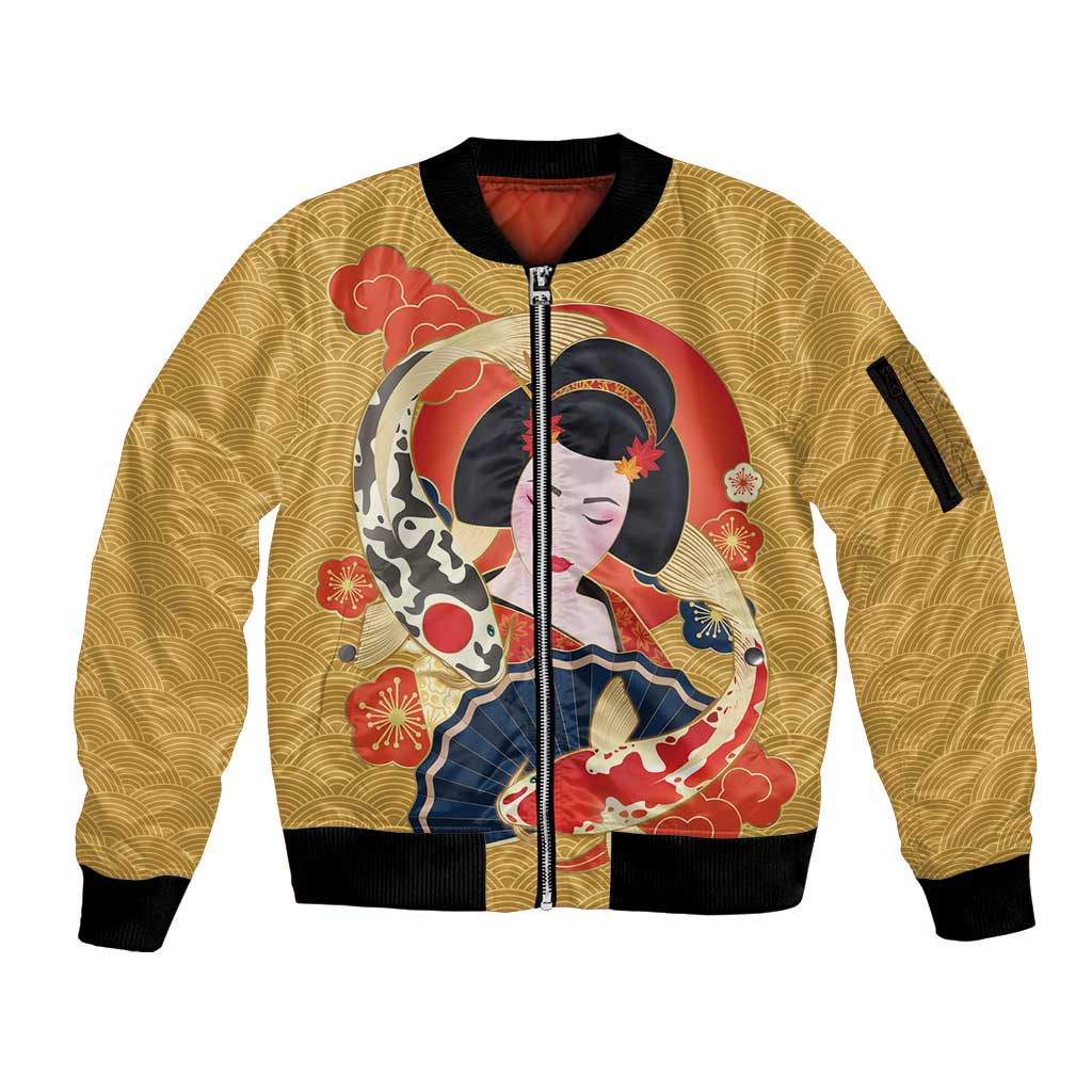 Japanese Geisha Koi Fish Sleeve Zip Bomber Jacket Cherry Blossoms Yellow Seigaiha Pattern - Wonder Print Shop