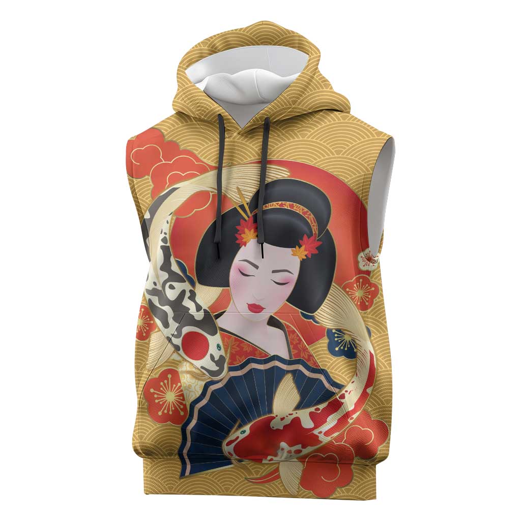 Japanese Geisha Koi Fish Sleeveless Hoodie Cherry Blossoms Yellow Seigaiha Pattern - Wonder Print Shop
