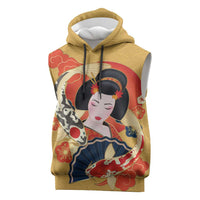 Japanese Geisha Koi Fish Sleeveless Hoodie Cherry Blossoms Yellow Seigaiha Pattern - Wonder Print Shop