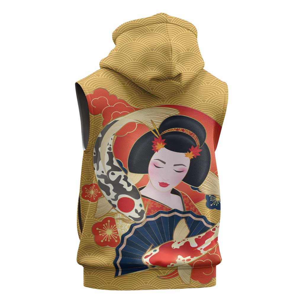 Japanese Geisha Koi Fish Sleeveless Hoodie Cherry Blossoms Yellow Seigaiha Pattern - Wonder Print Shop