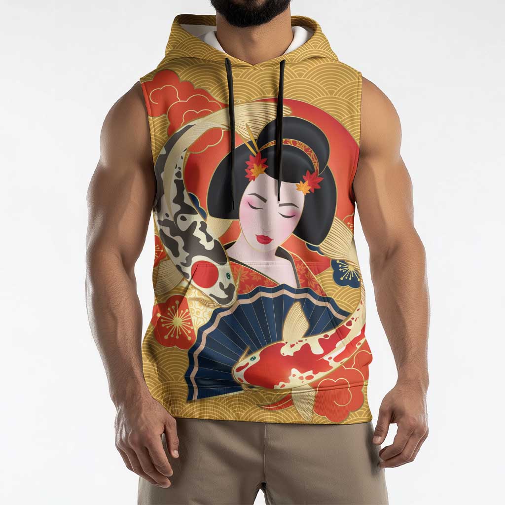 Japanese Geisha Koi Fish Sleeveless Hoodie Cherry Blossoms Yellow Seigaiha Pattern - Wonder Print Shop