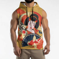 Japanese Geisha Koi Fish Sleeveless Hoodie Cherry Blossoms Yellow Seigaiha Pattern - Wonder Print Shop