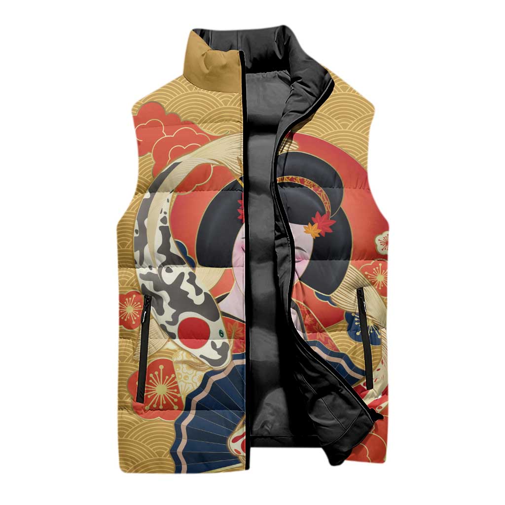 Japanese Geisha Koi Fish Sleeveless Puffer Jacket Cherry Blossoms Yellow Seigaiha Pattern - Wonder Print Shop