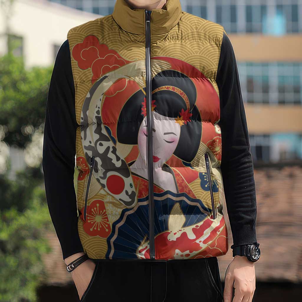 Japanese Geisha Koi Fish Sleeveless Puffer Jacket Cherry Blossoms Yellow Seigaiha Pattern - Wonder Print Shop
