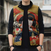 Japanese Geisha Koi Fish Sleeveless Puffer Jacket Cherry Blossoms Yellow Seigaiha Pattern - Wonder Print Shop