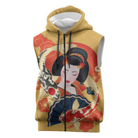Japanese Geisha Koi Fish Sleeveless Zip Hoodie Cherry Blossoms Yellow Seigaiha Pattern - Wonder Print Shop