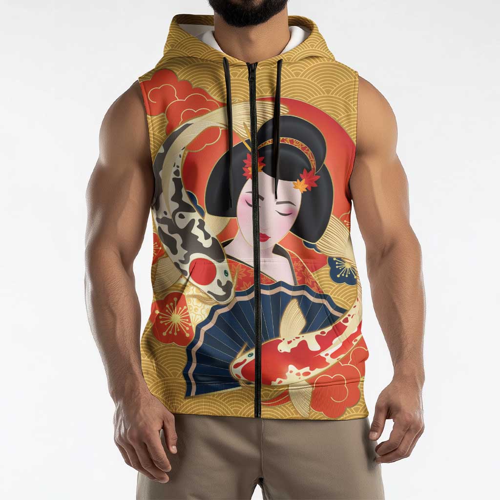 Japanese Geisha Koi Fish Sleeveless Zip Hoodie Cherry Blossoms Yellow Seigaiha Pattern - Wonder Print Shop
