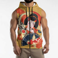Japanese Geisha Koi Fish Sleeveless Zip Hoodie Cherry Blossoms Yellow Seigaiha Pattern - Wonder Print Shop