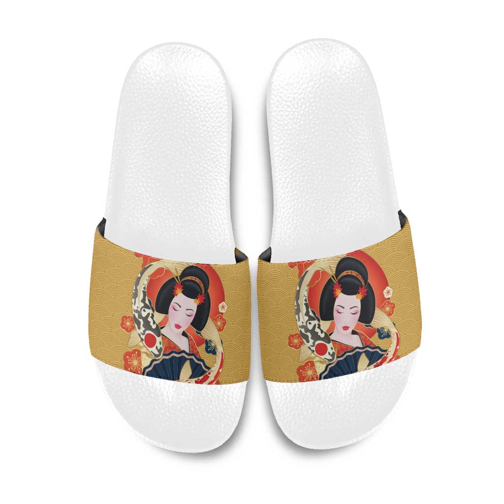 Japanese Geisha Koi Fish Slide Sandals Cherry Blossoms Yellow Seigaiha Pattern - Wonder Print Shop