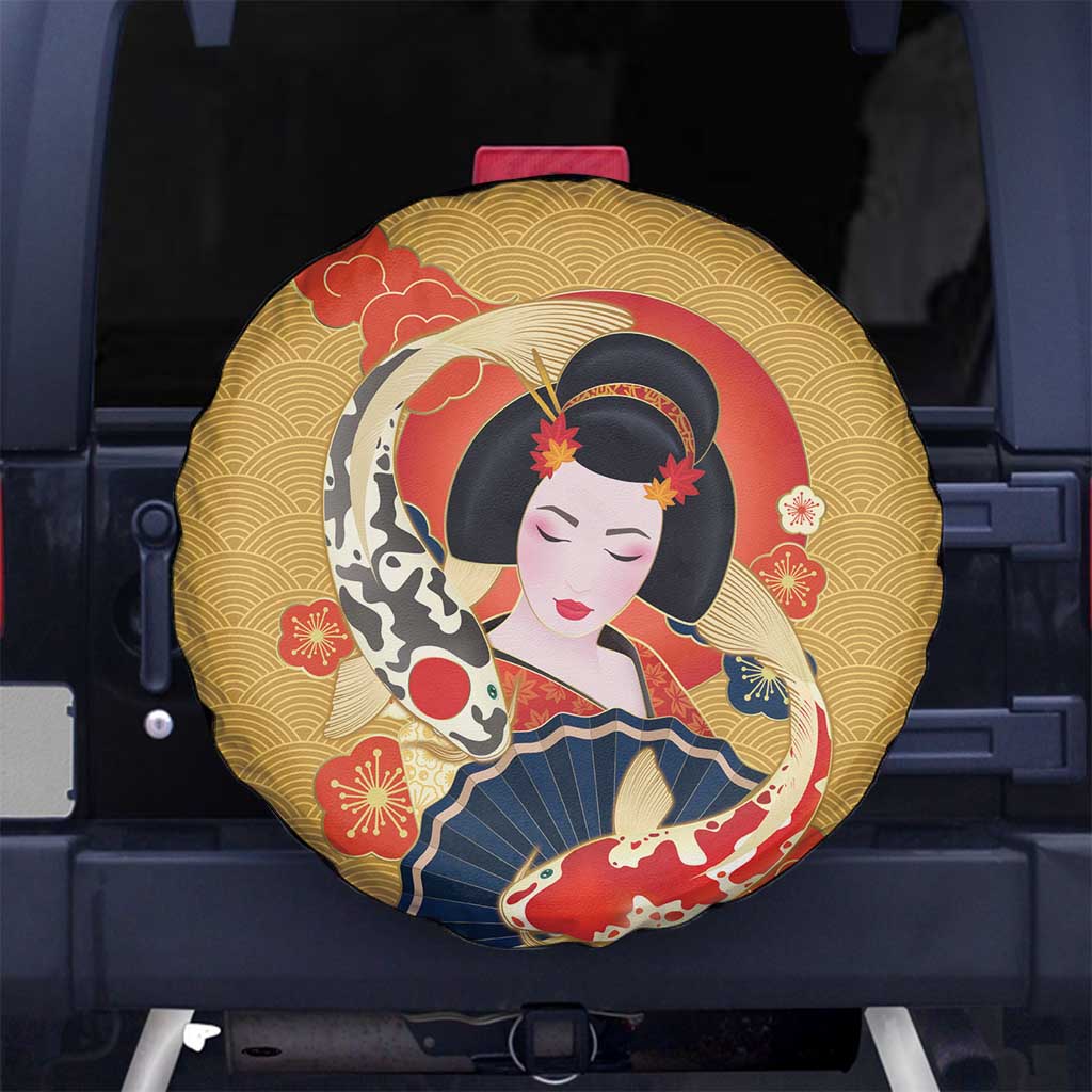 Japanese Geisha Koi Fish Spare Tire Cover Cherry Blossoms Yellow Seigaiha Pattern - Wonder Print Shop