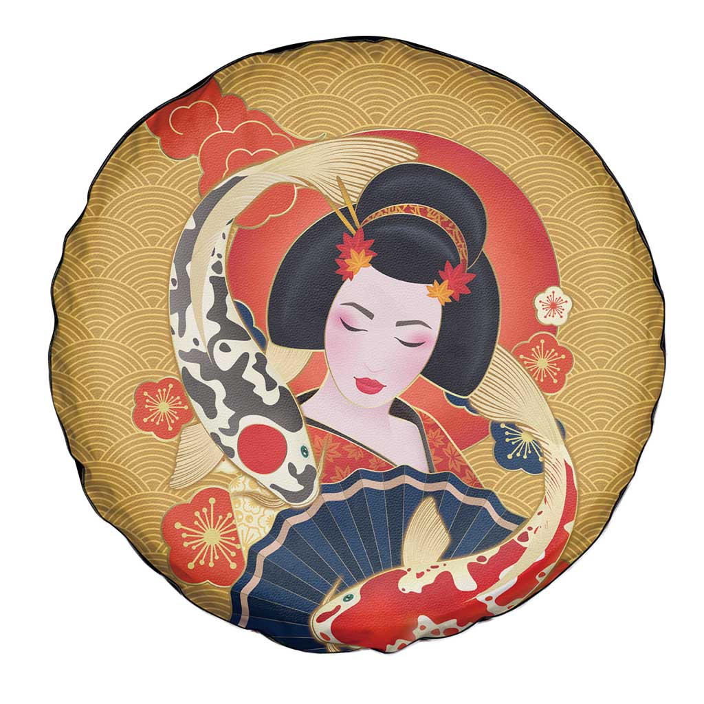 Japanese Geisha Koi Fish Spare Tire Cover Cherry Blossoms Yellow Seigaiha Pattern - Wonder Print Shop