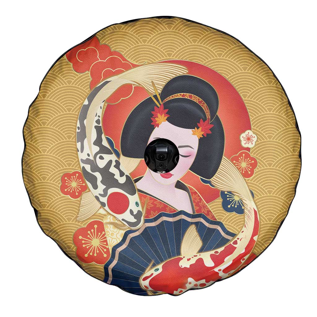 Japanese Geisha Koi Fish Spare Tire Cover Cherry Blossoms Yellow Seigaiha Pattern - Wonder Print Shop