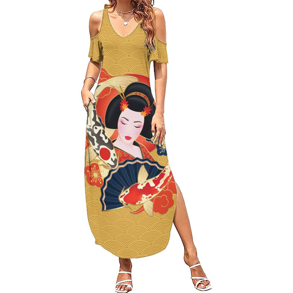 Japanese Geisha Koi Fish Summer Maxi Dress Cherry Blossoms Yellow Seigaiha Pattern - Wonder Print Shop