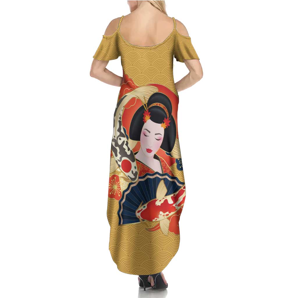 Japanese Geisha Koi Fish Summer Maxi Dress Cherry Blossoms Yellow Seigaiha Pattern - Wonder Print Shop